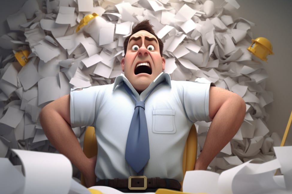 Illustration of a stressed tradie buried in paperwork