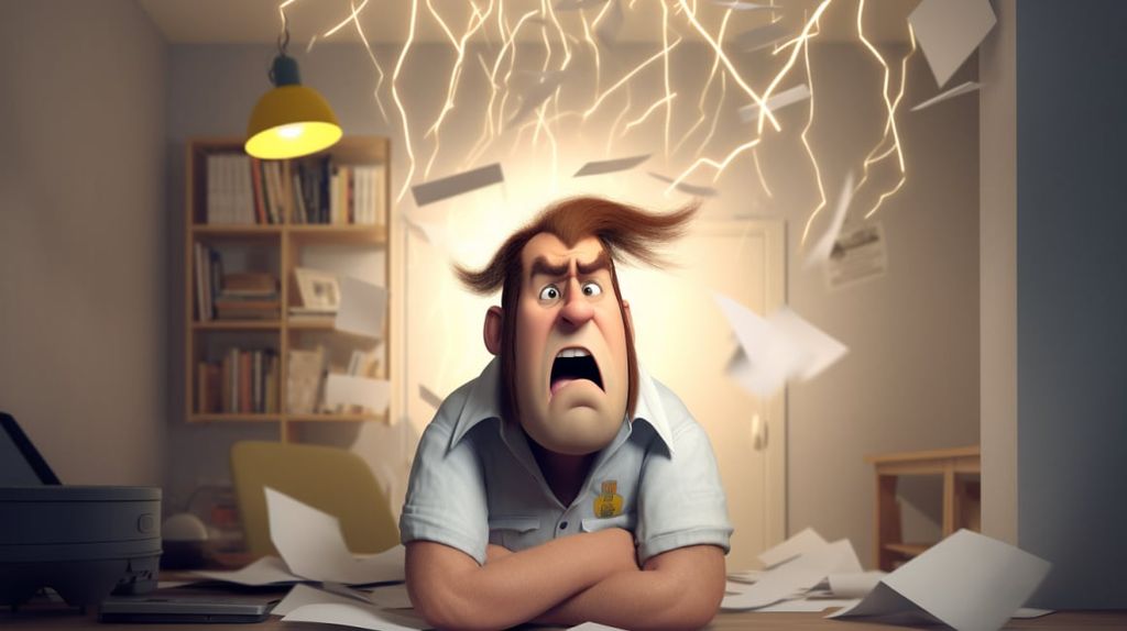 Illustration of a shocked electrician surrounded by flying paperwork