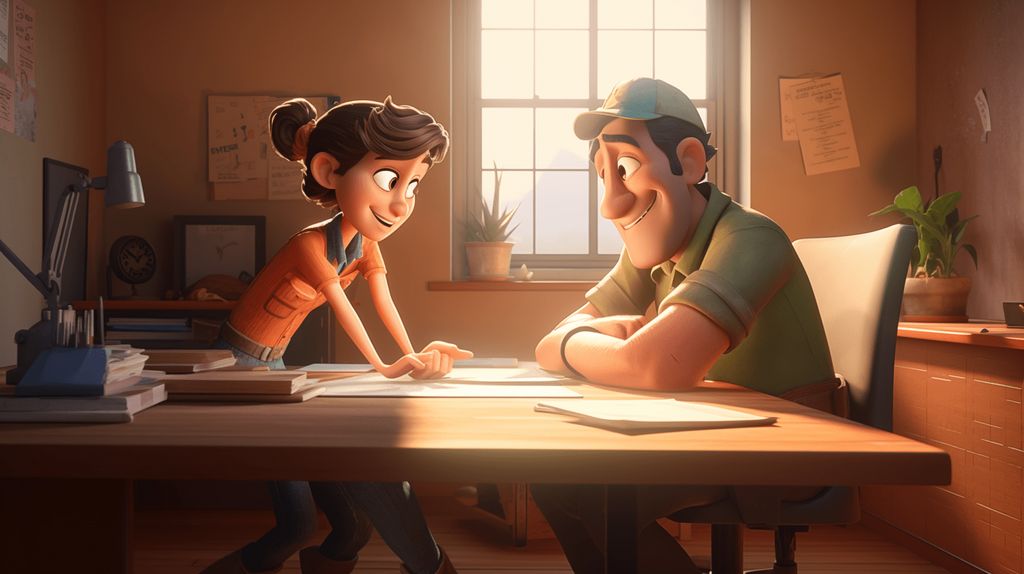 Illustration of an office assistant helping a tradie with paperwork at a desk