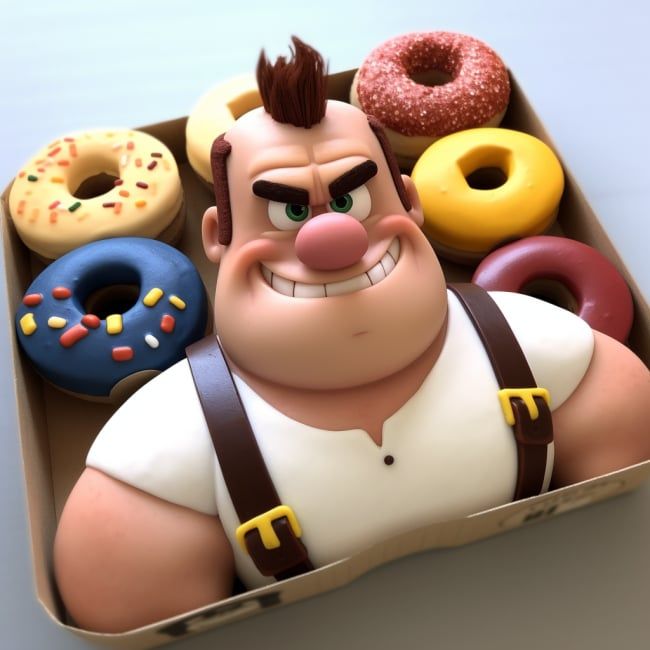 Cartoon tradie lying in a box of doughnuts