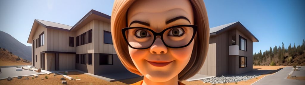 Illustration of a friendly office assistant in front of a newly built home